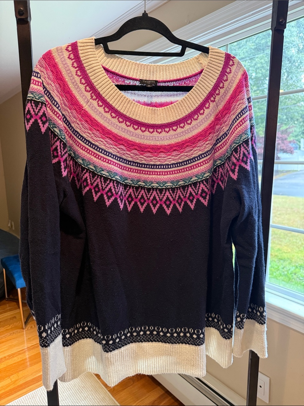 Talbots Navy Crewneck Sweater with Pink Fair Isle Yoke